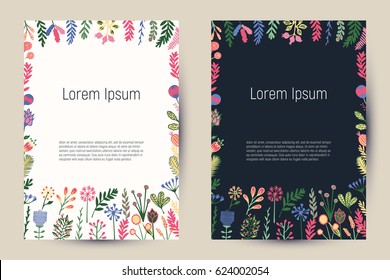 Creative floral cards with blooming flowers and plants. Vintage template backgrounds for flyers, banners, posters, invitation, brochures, editorial, etc. 