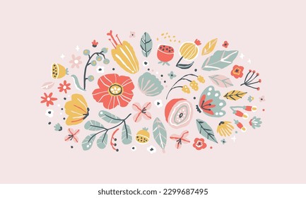 Creative floral composition in sketch style. Vector hand drawn illustration of blooming flowers and herbs in limited pastel palette. Abstract background for packaging, poster, postcard