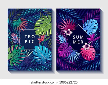 Creative floral covers design. Tropic leaves and flowers patterns with place for your text. Vector illustration.