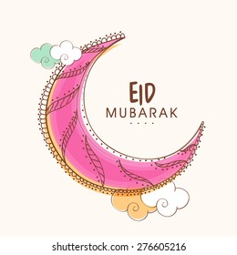 Creative floral design decorated crescent moon with clouds for Muslim community festival, Eid celebration.