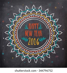 Creative floral design decorated greeting card in chalkboard style for Happy New Year 2016 celebration.