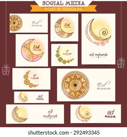 Creative floral design decorated social media ads, headers, banners or post for muslim community festival, Eid Mubarak celebration.