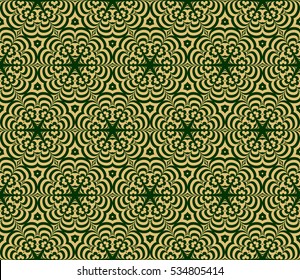 Creative floral geometric seamless pattern. psychedelic vector illustration. gold, green. For design, wallpaper