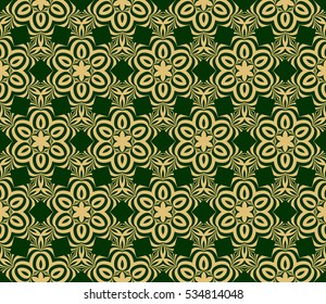 Creative floral geometric seamless pattern. psychedelic vector illustration. gold, green. For design, wallpaper Creative floral geometric seamless pattern. psychedelic vector illustration. gold, green. For design, wallpaper