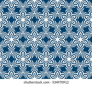 Creative floral geometric seamless pattern. psychedelic vector illustration. Blue, white. For design, wallpaper