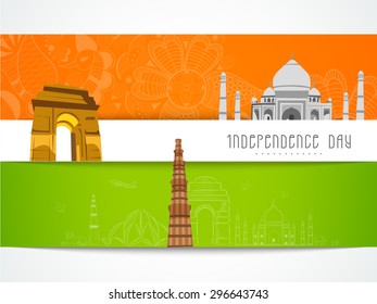 Creative floral greeting card design decorated with famous monuments for Indian Independence Day celebration.