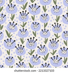 Creative floral minimalist texture with funny blue flowers and spots on a light background. Trendy vector floral illustration. Wallpaper  fabric print wrapping paper or package design.