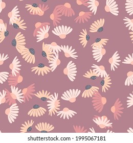 Creative floral nature seamless pattern with random little daisy flowers ornament. Purple pastel background. Designed for fabric design, textile print, wrapping, cover. Vector illustration.