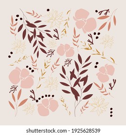 Creative floral posters. Square background with small pastel plants, dot, flowers, leaves. Hand-drawn minimalist illustrations for interior design, social media, covers, brochures.