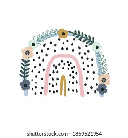 Creative floral rainbow with hand drawn texture. Childish print for apparel, poster, nursery decoration. Vector illustration