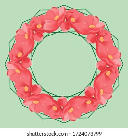 Creative floral round frame with place for text. Springs flowers on a light green background. 