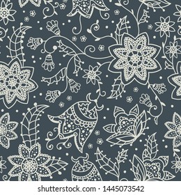 Creative floral seamless pattern with abstract doodle flowers, vintage background in grey and white - great for fashion prints, textiles, banners, wallpapers, vector surface design