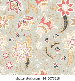 Creative floral seamless pattern with abstract doodle flowers, vintage background in beige, red and yellow natural - great for fashion prints, textiles, banners, wallpapers, vector surface design
