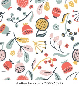Creative floral seamless pattern in sketch style. Vector hand drawn illustration of blooming flowers and herbs in limited pastel palette. Abstract background for printing textile, packaging, fabric