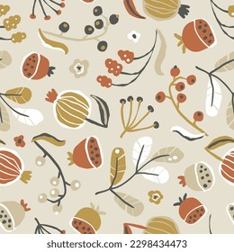 Creative floral seamless pattern in sketch style. Vector hand drawn illustration of blooming flowers and herbs in a limited earthy palette. Abstract background for printing textile, packaging, fabric