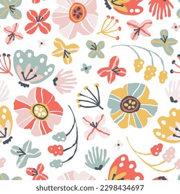 Creative floral seamless pattern in sketch style. Vector hand drawn illustration of blooming flowers and herbs in limited pastel palette. Abstract background for printing textile, packaging, fabric