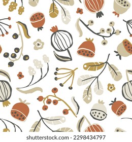 Creative floral seamless pattern in sketch style. Vector hand drawn illustration of blooming flowers and herbs in a limited earthy palette. Abstract background for printing textile, packaging, fabric