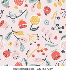 Patrón floral creativo sin fisuras en el estilo de esbozo. Ilustración de flores y hierbas florecientes a mano vectorial en una paleta pastel limitada. Fondo abstracto para la impresión de textiles, embalajes, tejidos