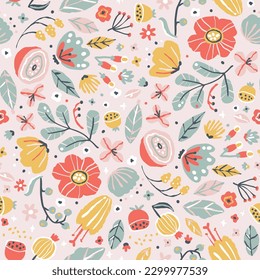 Patrón floral creativo sin fisuras en el estilo de esbozo. Ilustración de flores y hierbas florecientes a mano vectorial en una paleta pastel limitada. Fondo abstracto para la impresión de textiles, embalajes, tejidos