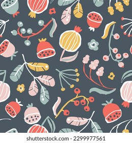 Creative floral seamless pattern in sketch style. Vector hand drawn illustration of blooming flowers and herbs in limited pastel palette. Abstract background for printing textile, packaging, fabric