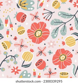 Creative floral seamless pattern in sketch style. Vector hand drawn illustration of blooming flowers and herbs in limited pastel palette. Abstract background for printing textile, packaging, fabric