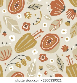 Creative floral seamless pattern in sketch style. Vector hand drawn illustration of blooming flowers and herbs in a limited earthy palette. Abstract background for printing textile, packaging, fabric