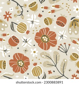 Patrón floral creativo sin fisuras en el estilo de esbozo. Ilustración de flores y hierbas florecientes a mano vectorial en una paleta de tierra limitada. Fondo abstracto para la impresión de textiles, embalajes, tejidos