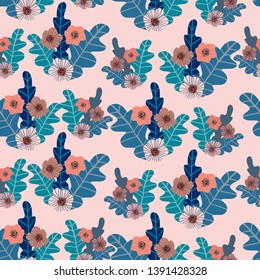 Creative floral seamless pattern in tropical style. Modern graphic design. Hand Drawn textures. Ideal for web, card, poster, cover, invitation, brochure. Vector, EPS10