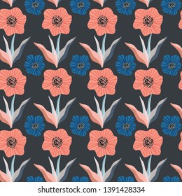 Creative floral seamless pattern in tropical style. Modern graphic design. Hand Drawn textures. Ideal for web, card, poster, cover, invitation, brochure. Vector, EPS10