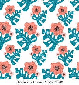 Creative floral seamless pattern in tropical style. Modern graphic design. Hand Drawn textures. Ideal for web, card, poster, cover, invitation, brochure. Vector, EPS10