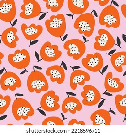 Creative floral texture. Seamless pattern with bright orange flowers on a pink background. Modern minimalist background in scandinavian style. Great for fabric textile or stationery.