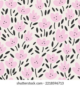 Creative floral texture. Seamless pattern with pink flowers on a light background. Modern minimalist background in scandinavian style. Great for fabric textile or stationery.