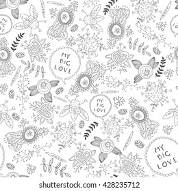 Creative Floral Vintage Pattern With Sprig And Big Love On White Background