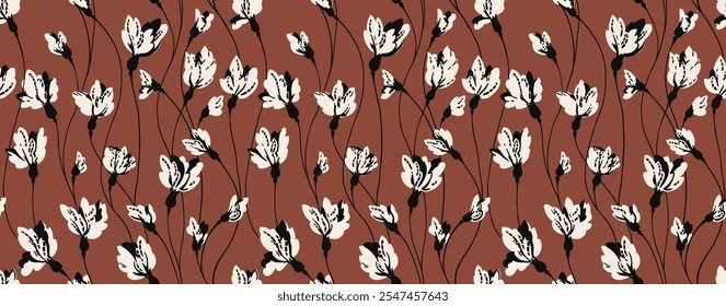 Creative florals stems intertwined in a pattern on a brown background. Abstract branches with tiny flower buds seamless print. Vector hand drawing. Simple ornament for designs, textiles, fabric, cover