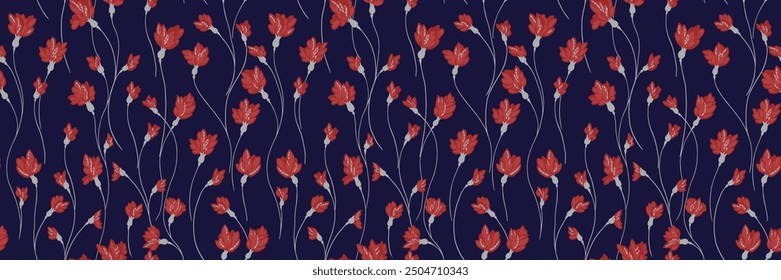 Creative florals stems seamless print on a dark background. Abstract artistic branches with tiny flowers small buds intertwined in a pattern. Vector hand drawing. Simple ornament for designs, textiles