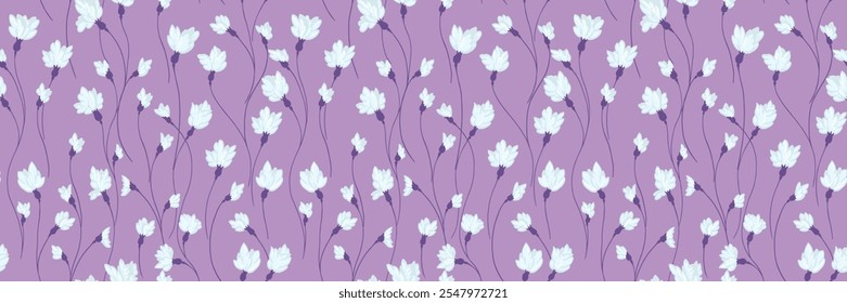 Creative florals stems seamless print on a violet background. Abstract artistic branches with tiny flowers buds intertwined in a pattern. Vector hand drawing. Simple ornament for designs, textiles