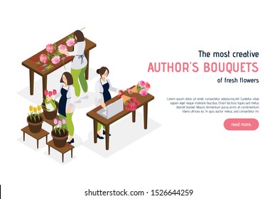 Creative florist isometric landing page with advertising of service offering authors bouquets of fresh flowers vector illustration