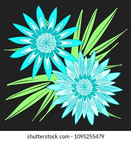 Creative Flower Composition. African Camomile Gasania or Gerbera. Bold Line Style. Vector Blue Flowers with Green Leaves in Ethnic Style for Card, Print, Pattern, Fabric, Textile or Your Design.