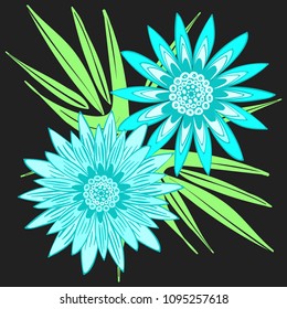 Creative Flower Composition. African Camomile Gasania or Gerbera. Bold Line Style. Vector Blue Flowers with Green Leaves in Ethnic Style for Card, Print, Pattern, Fabric, Textile or Your Design.
