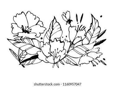 Creative flower graphic illustration. Textures made with black ink. Hand brush painting for your designs: logo, for posters, invitations, cards. Vector illustration.