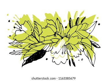 Creative flower graphic illustration. Textures made with black ink. Hand brush painting for your designs: logo, for posters, invitations, cards. Vector illustration.