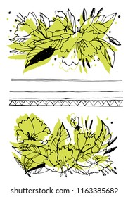 Creative flower graphic illustration. Textures made with black ink. Hand brush painting for your designs: logo, for posters, invitations, cards. Vector illustration.