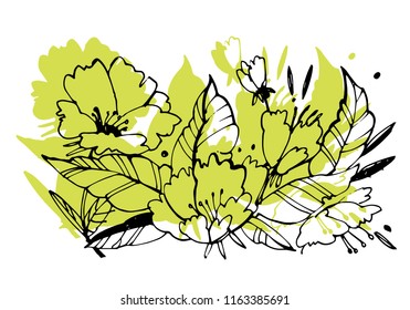 Creative flower graphic illustration. Textures made with black ink. Hand brush painting for your designs: logo, for posters, invitations, cards. Vector illustration.