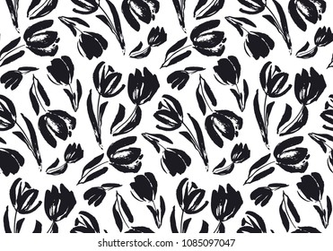 Creative flower pattern. Textures made with ink.black and white sketch tulip seamless pattern for background, fabric, wrapping paper. stock template design. nature flat spring flower motif 