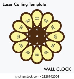 Creative Flower Photo Wall Clock Laser cutting file with option of 12 photos for wall and home decor. Vector photo wall clock mockup for mdf and acrylic cutting.