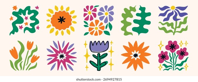 Colección creativa del estilo del cartel de la flor, ilustraciones florales coloridas audaces en diseño cuadrado. Ilustración vectorial