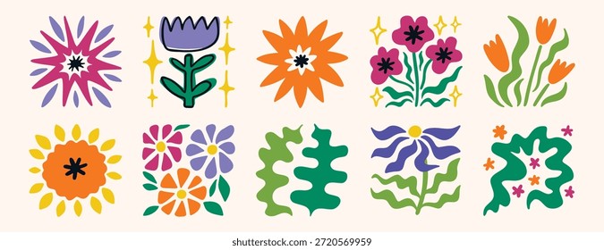 Creative flower poster style collection, bold colorful floral illustrations in square layout. Vector illustration