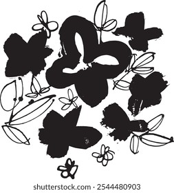Creative flower seamless pattern. Textures made with black ink. Hand brush painting for your designs: logo, for posters, invitations, cards, etc. Vector.