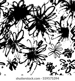 Creative flower seamless pattern. Textures made with black ink. Hand brush painting for your designs: logo, for posters, invitations, cards, etc. Vector.