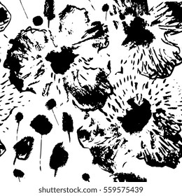 Creative flower seamless pattern. Textures made with black ink. Hand brush painting for your designs: logo, for posters, invitations, cards, etc. Vector.